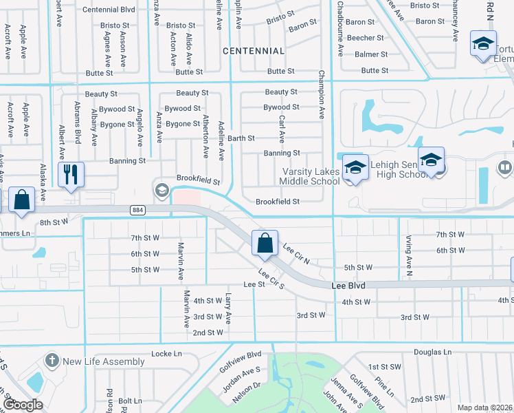 map of restaurants, bars, coffee shops, grocery stores, and more near 5103 Lee Circle North in Lehigh Acres