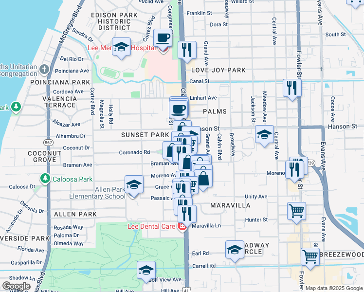 map of restaurants, bars, coffee shops, grocery stores, and more near 1936 Coronado Road in Fort Myers