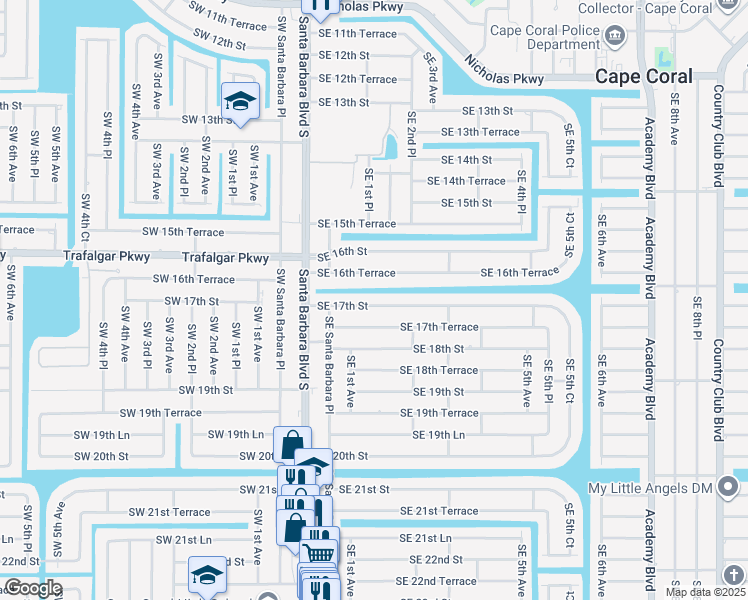 map of restaurants, bars, coffee shops, grocery stores, and more near 145 Southeast 17th Street in Cape Coral
