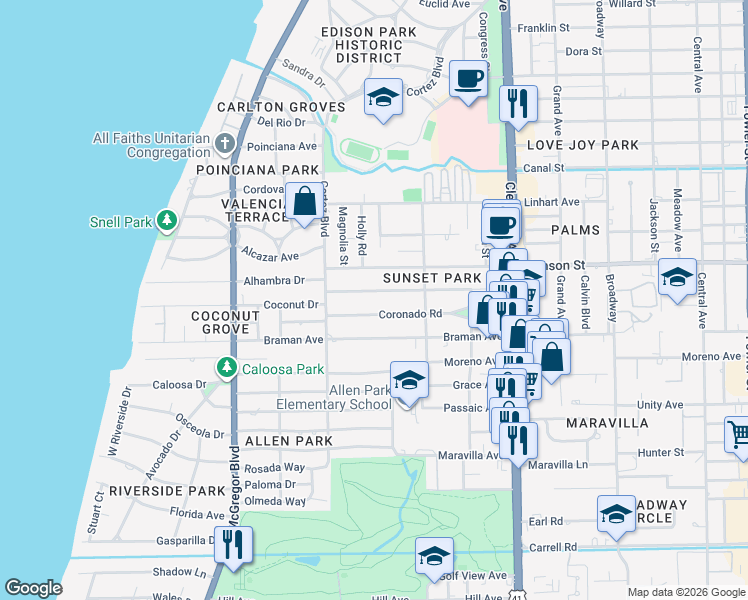 map of restaurants, bars, coffee shops, grocery stores, and more near 1666 Sunset Place in Fort Myers