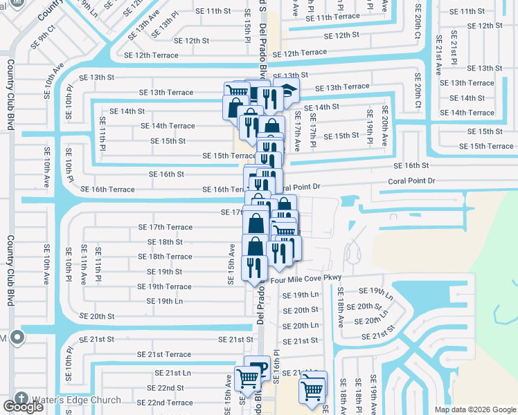 map of restaurants, bars, coffee shops, grocery stores, and more near 1707 Del Prado Boulevard South in Cape Coral