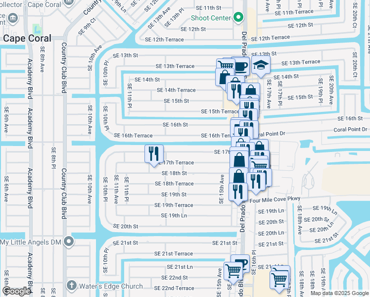map of restaurants, bars, coffee shops, grocery stores, and more near 1319 Southeast 17th Terrace in Cape Coral