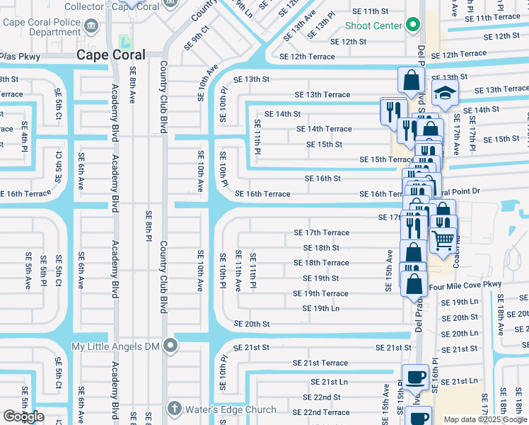 map of restaurants, bars, coffee shops, grocery stores, and more near 1115 Southeast 17th Terrace in Cape Coral