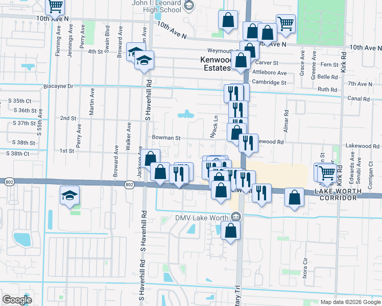 map of restaurants, bars, coffee shops, grocery stores, and more near 3778 Mil-Lake Court in Greenacres
