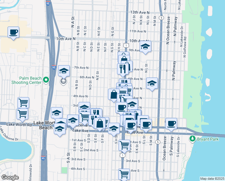 map of restaurants, bars, coffee shops, grocery stores, and more near 1103 4th Avenue North in Lake Worth