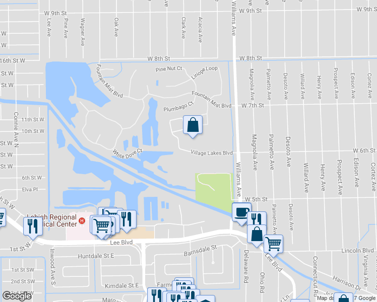 map of restaurants, bars, coffee shops, grocery stores, and more near 1238 Village Lakes Boulevard in Lehigh Acres