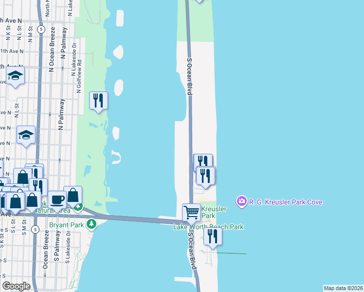 map of restaurants, bars, coffee shops, grocery stores, and more near 2773 South Ocean Boulevard in Palm Beach