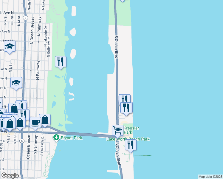 map of restaurants, bars, coffee shops, grocery stores, and more near 2778 South Ocean Boulevard in Palm Beach