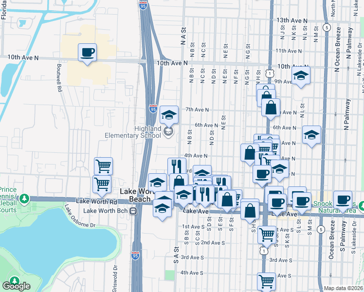 map of restaurants, bars, coffee shops, grocery stores, and more near 402 North B Street in Lake Worth