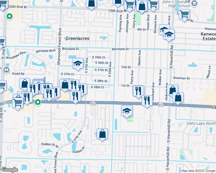 map of restaurants, bars, coffee shops, grocery stores, and more near 5521 South 38th Court in Greenacres