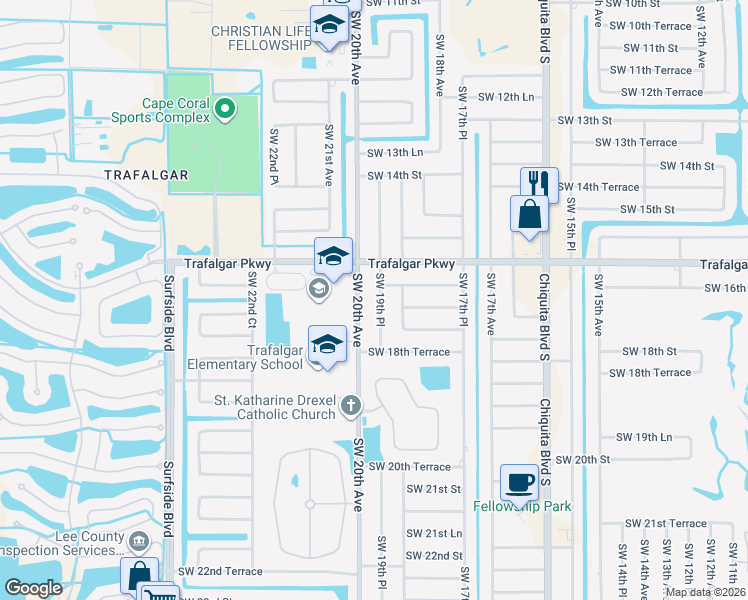 map of restaurants, bars, coffee shops, grocery stores, and more near 1707 Southwest 19th Place in Cape Coral