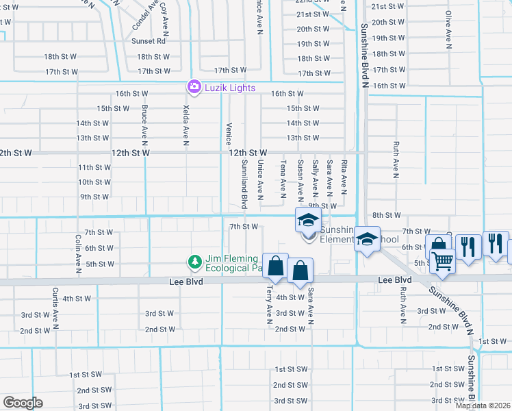map of restaurants, bars, coffee shops, grocery stores, and more near 908 Sunniland Boulevard in Lehigh Acres