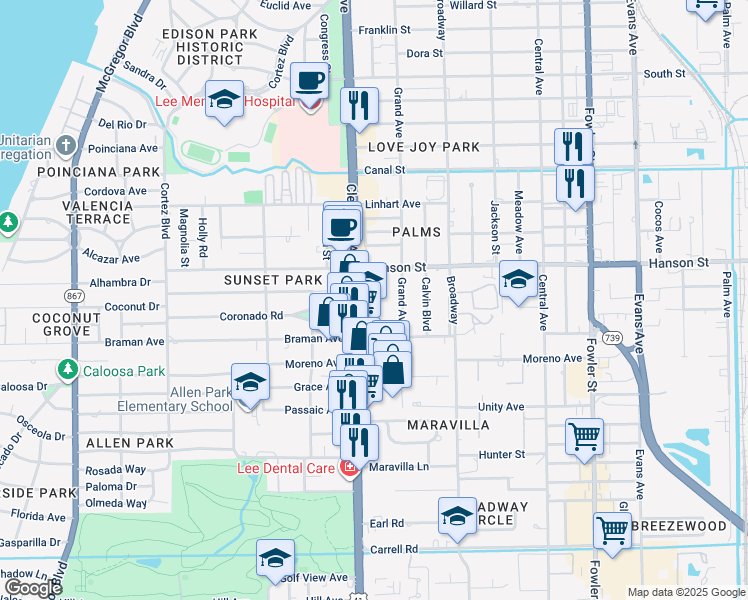 map of restaurants, bars, coffee shops, grocery stores, and more near 3005 Cleveland Avenue in Fort Myers