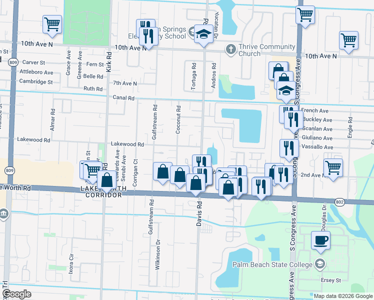 map of restaurants, bars, coffee shops, grocery stores, and more near 103 Pleasant Place in Lake Worth