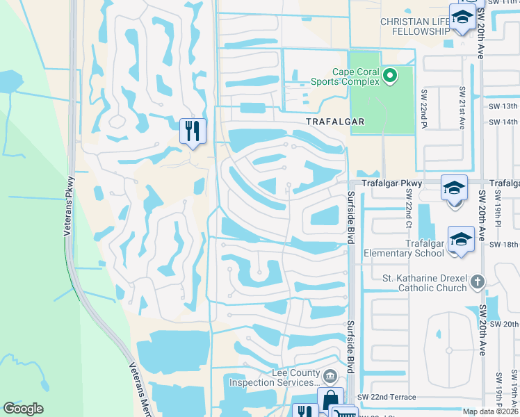 map of restaurants, bars, coffee shops, grocery stores, and more near 2663 Maraval Court in Cape Coral