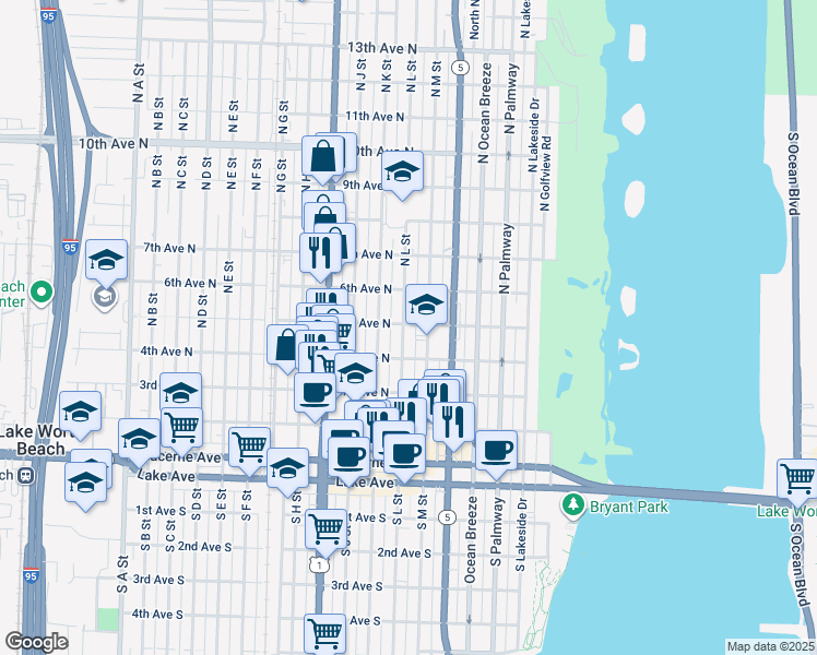 map of restaurants, bars, coffee shops, grocery stores, and more near 517 North M Street in Lake Worth