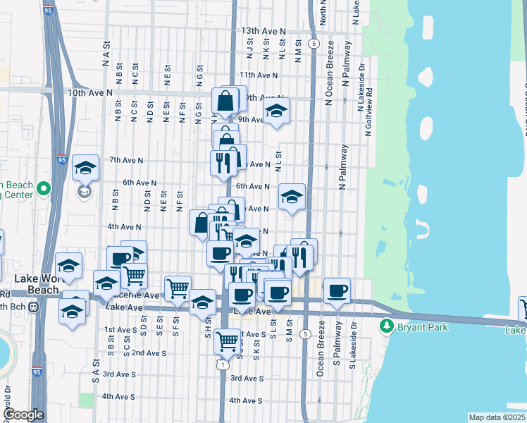 map of restaurants, bars, coffee shops, grocery stores, and more near 514 North K Street in Lake Worth