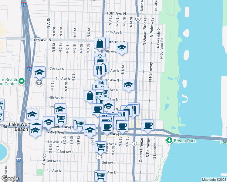 map of restaurants, bars, coffee shops, grocery stores, and more near 514 North K Street in Lake Worth