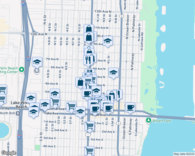 map of restaurants, bars, coffee shops, grocery stores, and more near 515 North J Street in Lake Worth