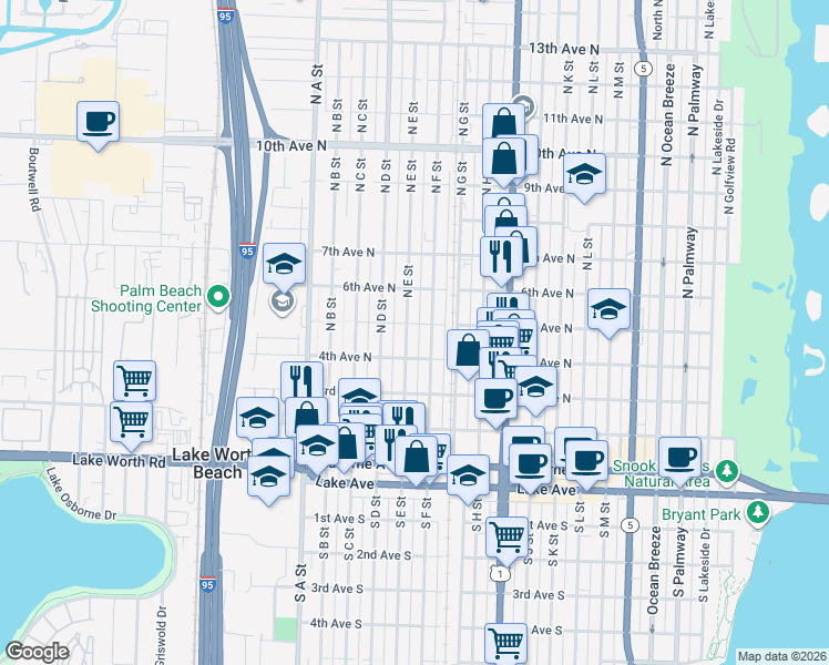 map of restaurants, bars, coffee shops, grocery stores, and more near 512 North E Street in Lake Worth