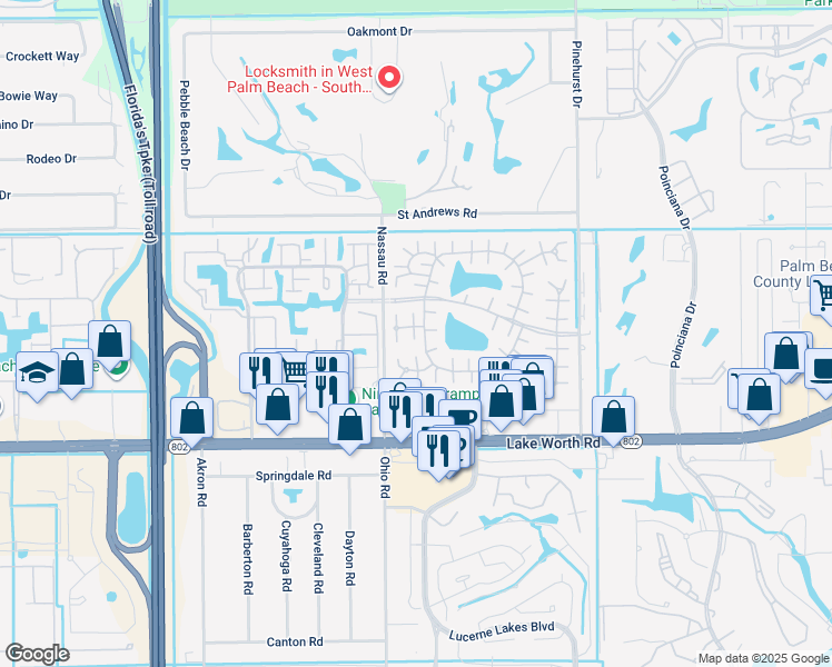 map of restaurants, bars, coffee shops, grocery stores, and more near 893 Worcester Lane in Lake Worth