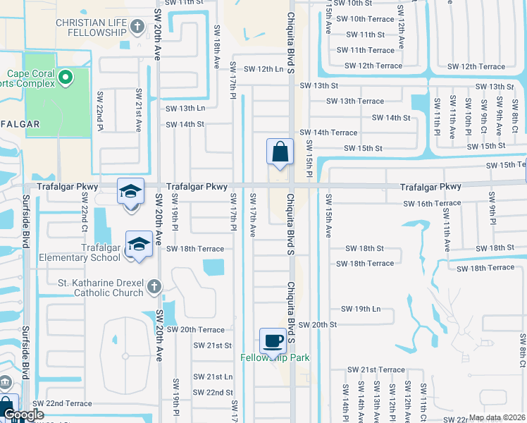 map of restaurants, bars, coffee shops, grocery stores, and more near 1622 Southwest 16th Court in Cape Coral