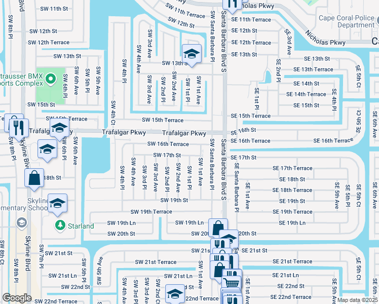 map of restaurants, bars, coffee shops, grocery stores, and more near 101 Southwest 16th Terrace in Cape Coral