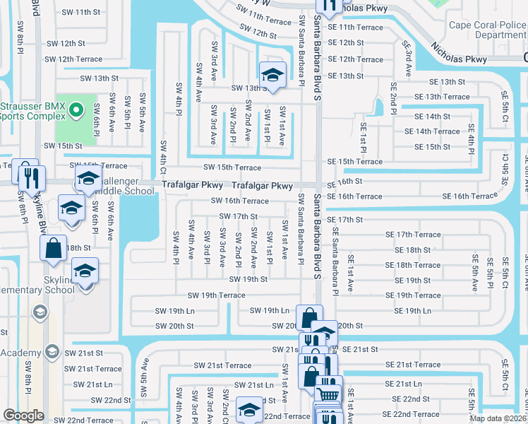 map of restaurants, bars, coffee shops, grocery stores, and more near 129 Southwest 16th Terrace in Cape Coral