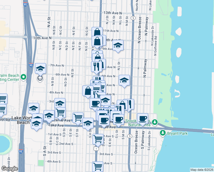 map of restaurants, bars, coffee shops, grocery stores, and more near 515 North J Street in Lake Worth