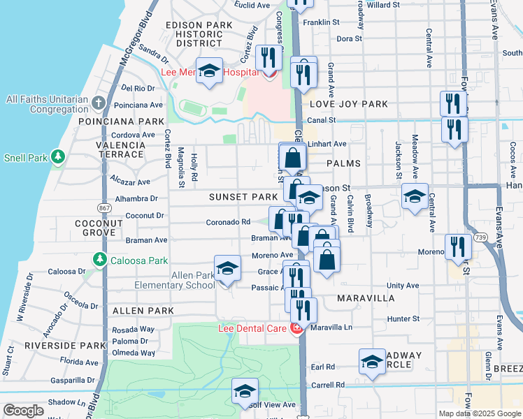 map of restaurants, bars, coffee shops, grocery stores, and more near 1857 Sunset Place in Fort Myers