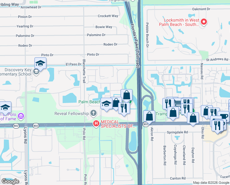 map of restaurants, bars, coffee shops, grocery stores, and more near 8261 Lake Cypress Road in Lake Worth