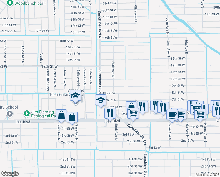 map of restaurants, bars, coffee shops, grocery stores, and more near 3317 9th Street West in Lehigh Acres