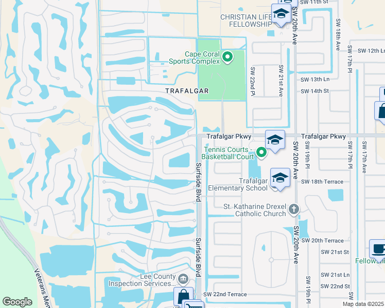map of restaurants, bars, coffee shops, grocery stores, and more near 2557 Ashbury Circle in Cape Coral