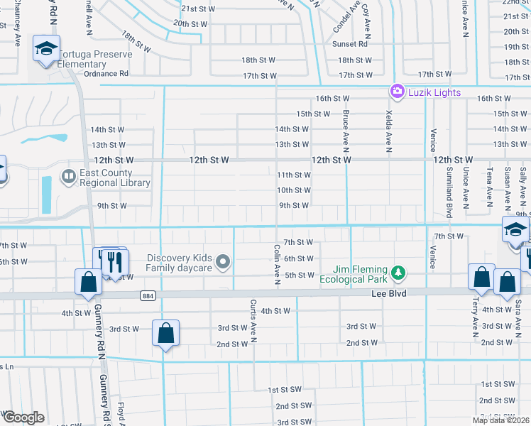 map of restaurants, bars, coffee shops, grocery stores, and more near 4008 9th Street West in Lehigh Acres