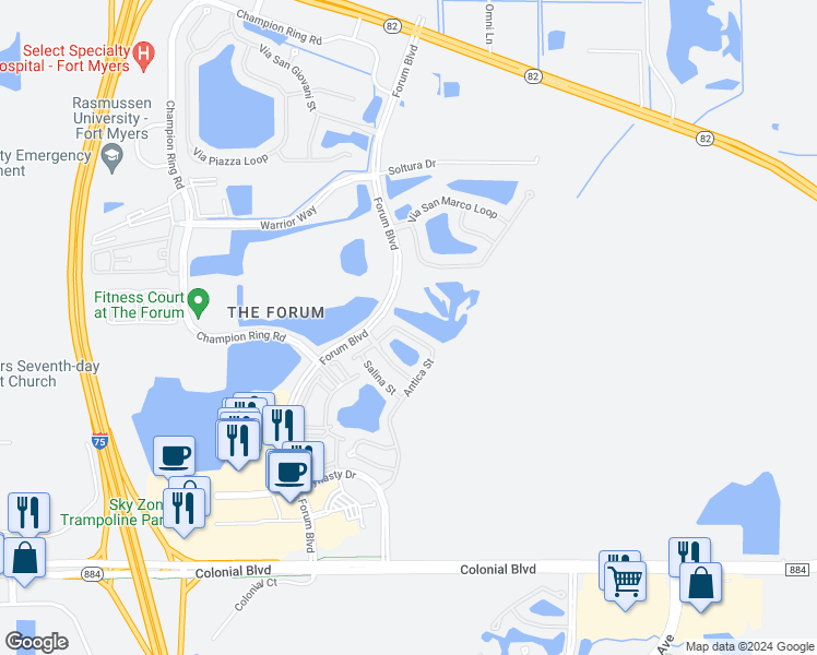 map of restaurants, bars, coffee shops, grocery stores, and more near 3223 Antica Street in Fort Myers