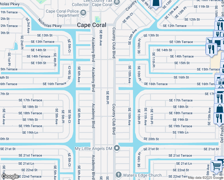 map of restaurants, bars, coffee shops, grocery stores, and more near 1621 Southeast 8th Place in Cape Coral