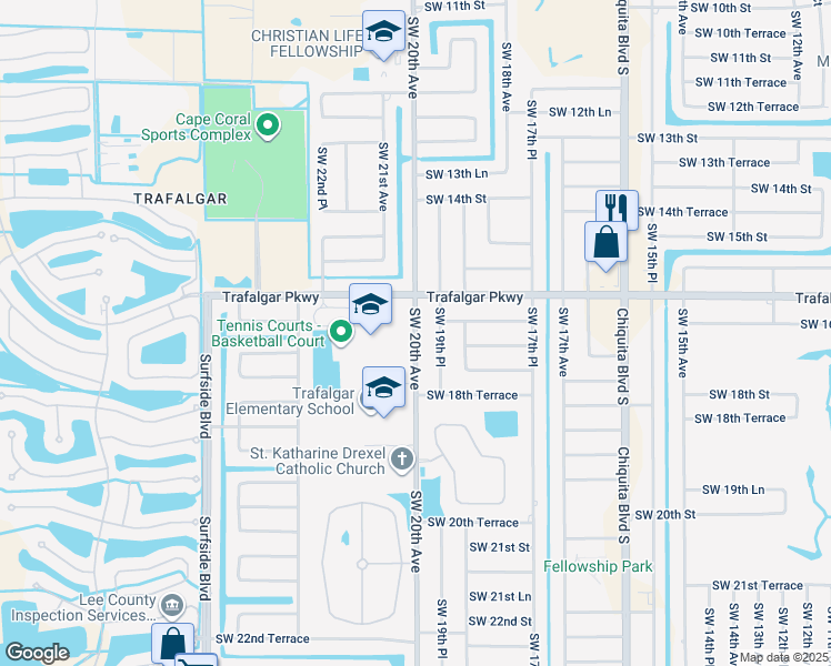 map of restaurants, bars, coffee shops, grocery stores, and more near 1621 Southwest 20th Avenue in Cape Coral