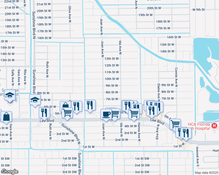 map of restaurants, bars, coffee shops, grocery stores, and more near 2913 9th Street West in Lehigh Acres