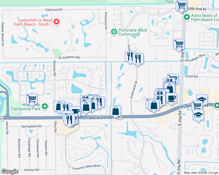map of restaurants, bars, coffee shops, grocery stores, and more near 3738 Pinehurst Drive in Lake Worth