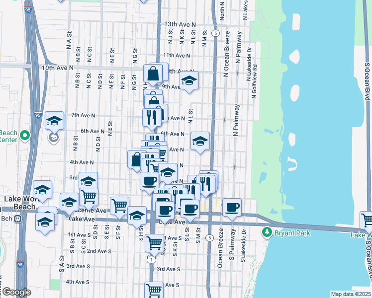 map of restaurants, bars, coffee shops, grocery stores, and more near 514 North K Street in Lake Worth
