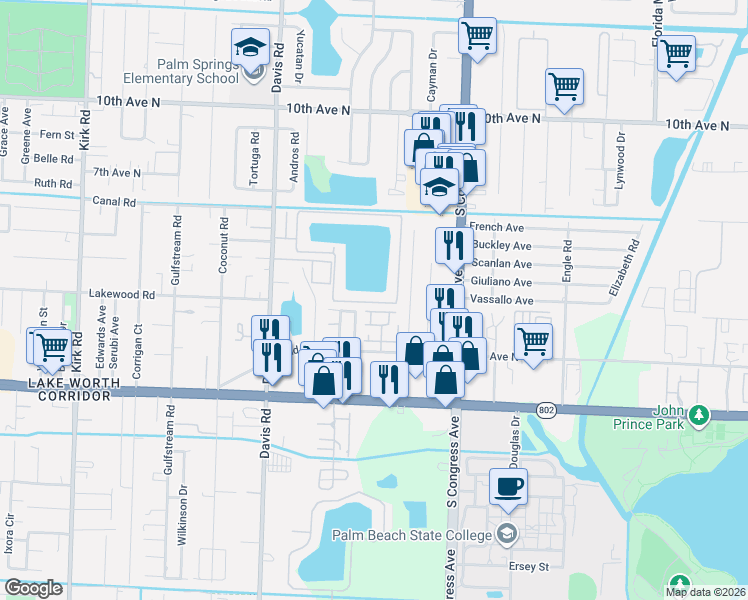 map of restaurants, bars, coffee shops, grocery stores, and more near 4102 Waterview Circle in Palm Springs