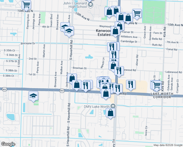 map of restaurants, bars, coffee shops, grocery stores, and more near 3768 Mil Lake Court in Greenacres
