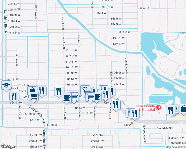 map of restaurants, bars, coffee shops, grocery stores, and more near 2803 9th Street West in Lehigh Acres