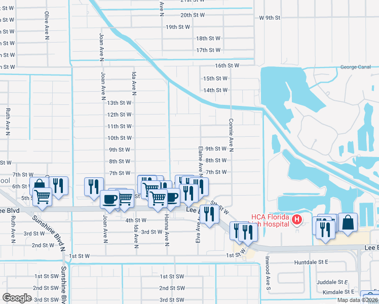 map of restaurants, bars, coffee shops, grocery stores, and more near 2707 9th Street West in Lehigh Acres