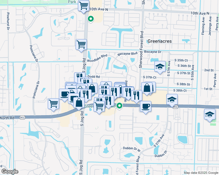 map of restaurants, bars, coffee shops, grocery stores, and more near 6240 Dodd Road in Greenacres