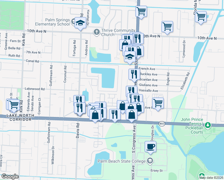 map of restaurants, bars, coffee shops, grocery stores, and more near 4101 Waterview Circle in Palm Springs