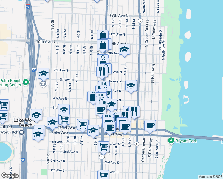 map of restaurants, bars, coffee shops, grocery stores, and more near 515 North J Street in Lake Worth
