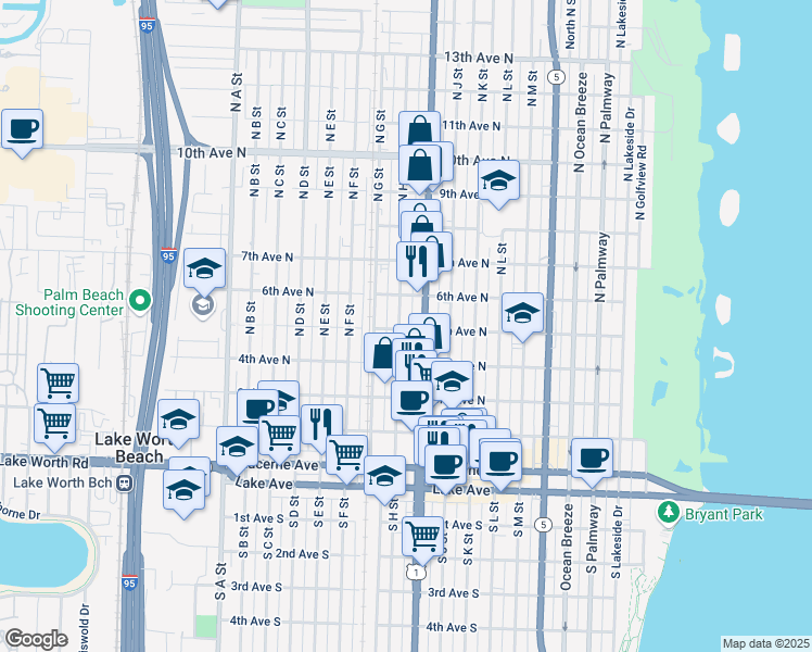 map of restaurants, bars, coffee shops, grocery stores, and more near 514 North H Street in Lake Worth