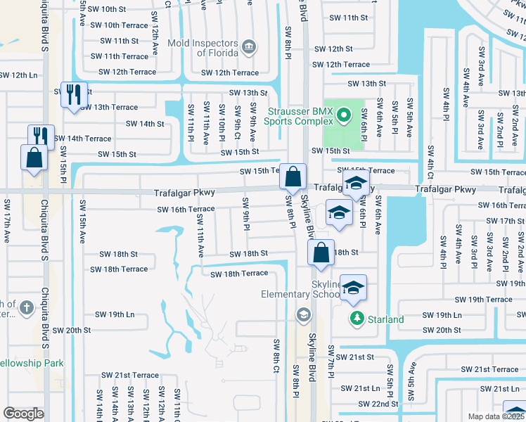 map of restaurants, bars, coffee shops, grocery stores, and more near 842 Southwest 16th Terrace in Cape Coral