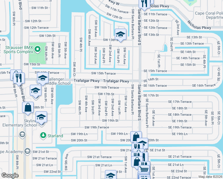 map of restaurants, bars, coffee shops, grocery stores, and more near 129 Southwest 16th Terrace in Cape Coral